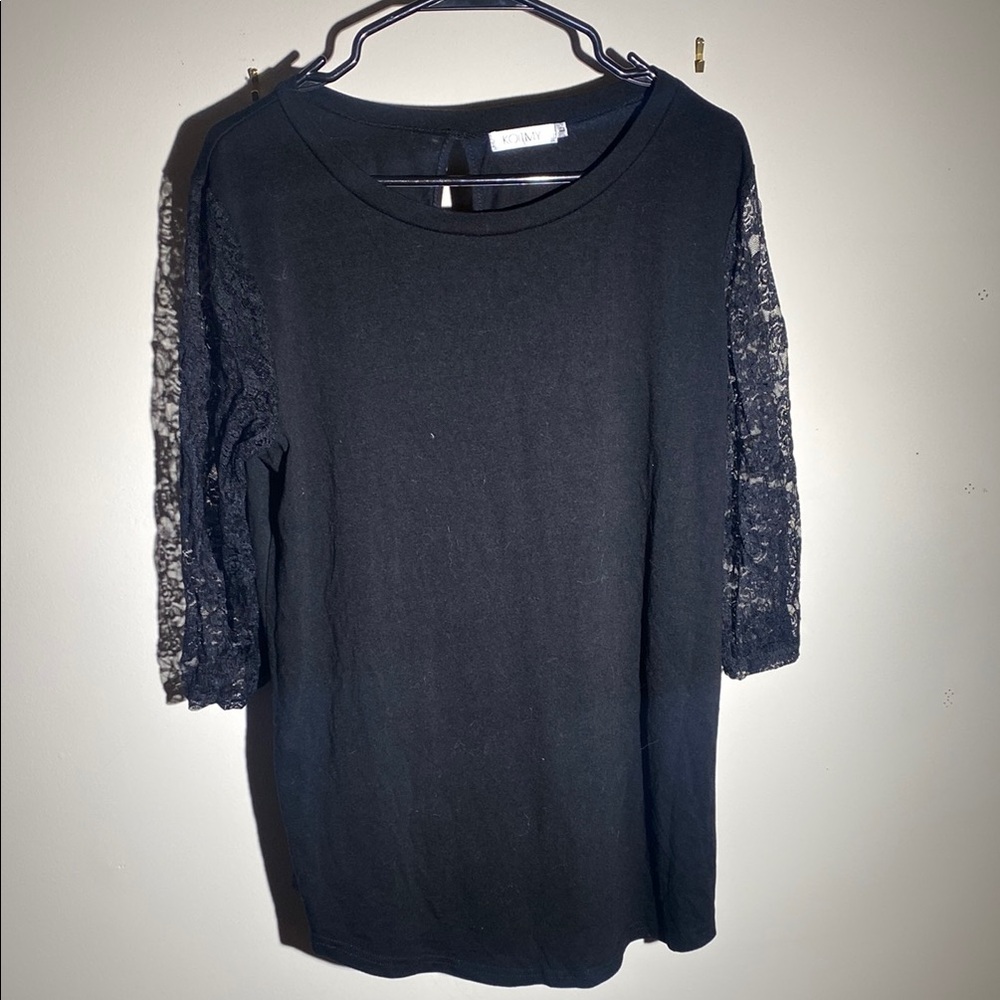 Black Blouse with Sheer Lace Sleeves and Round Neckline